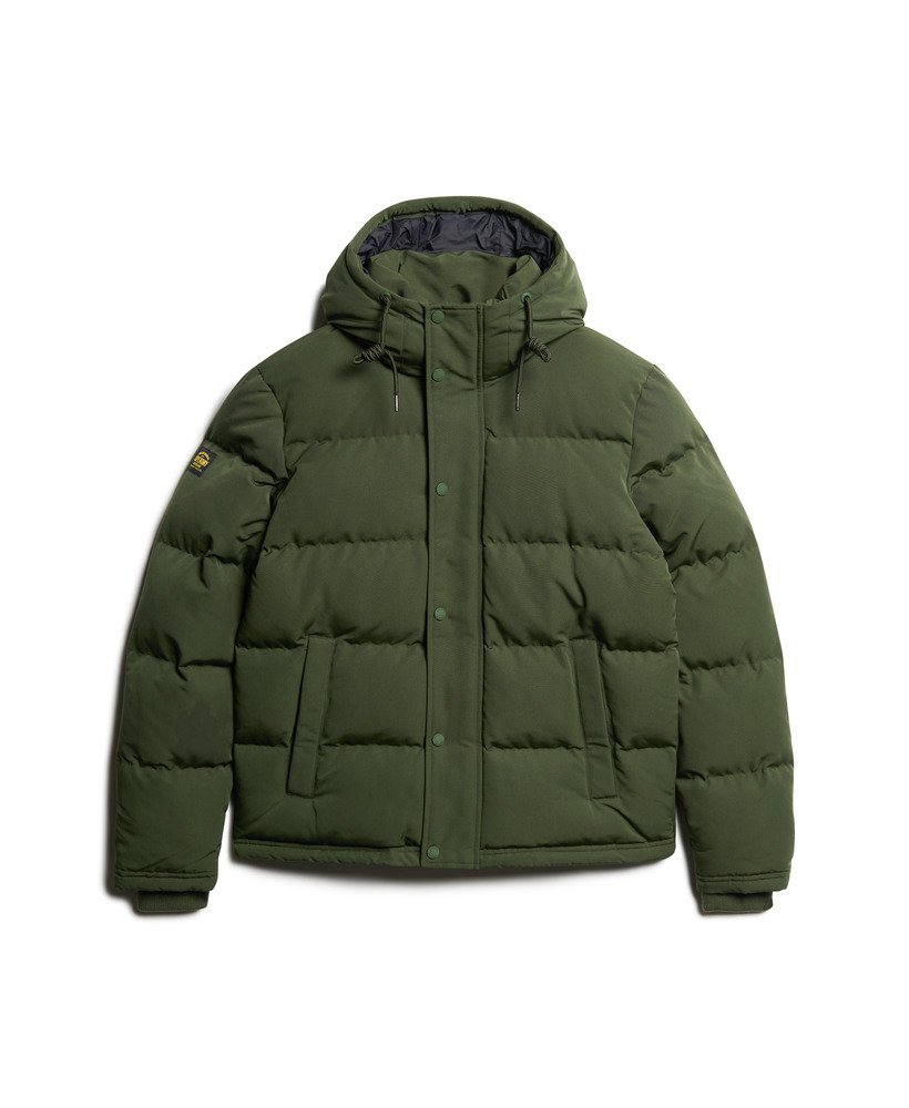 Men s Everest Short Hooded Puffer Jacket in Army Green Superdry UK