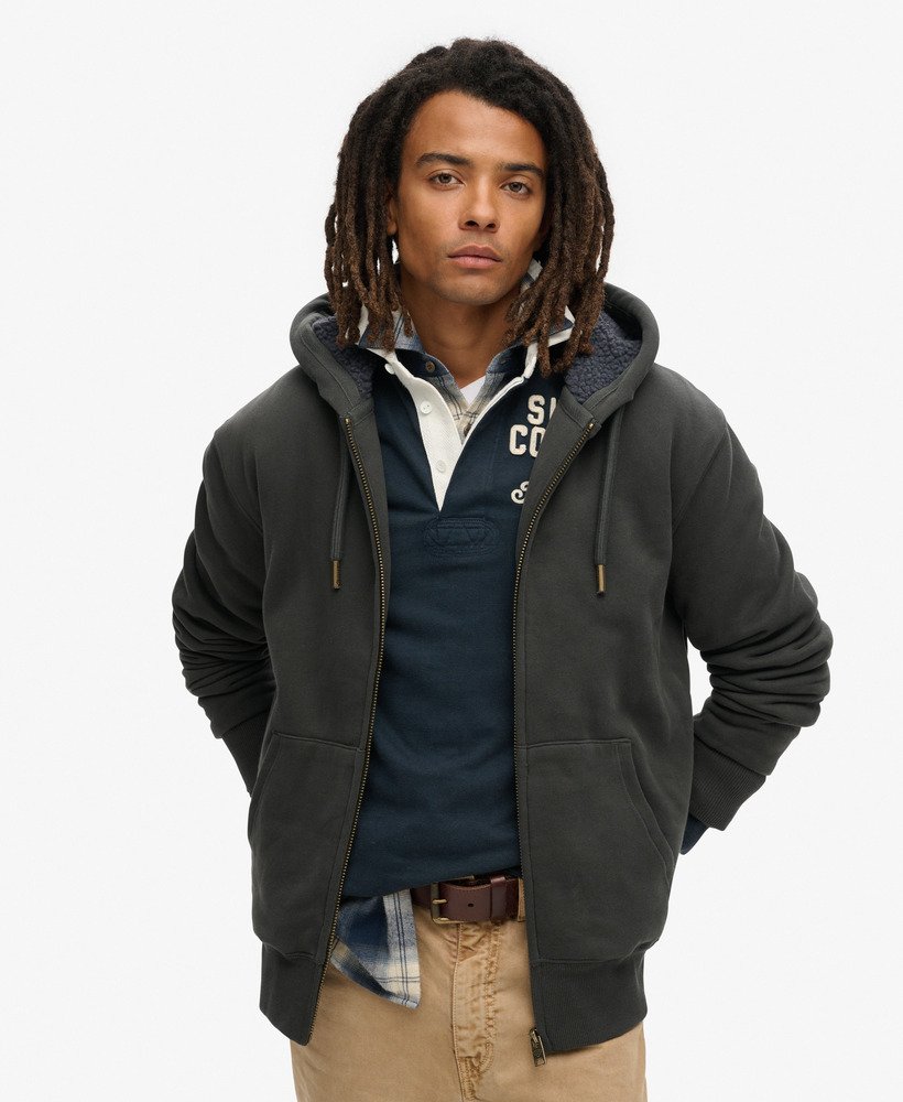 Men s Borg Lined Zip Hoodie in Washed Black Superdry CA EN