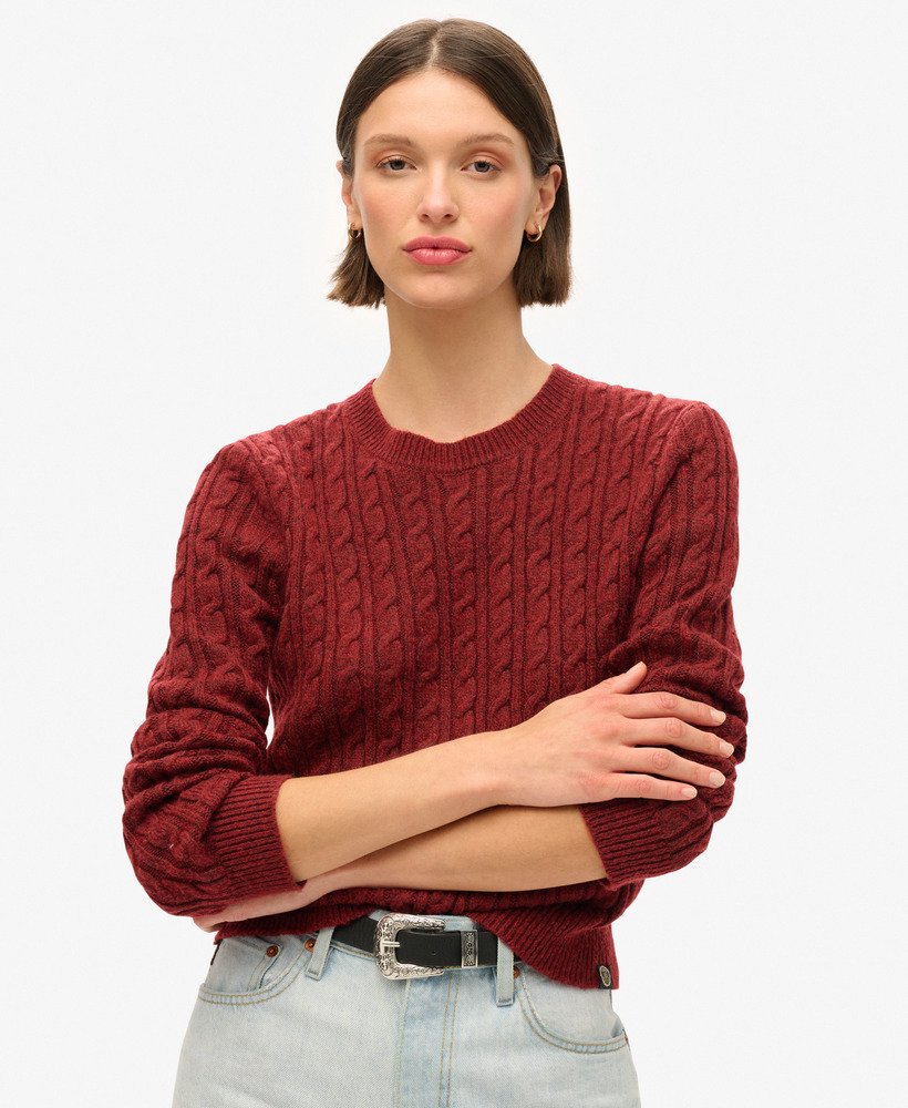 Womens Fitted Cable Crew Neck Jumper in Claret Red Superdry UK