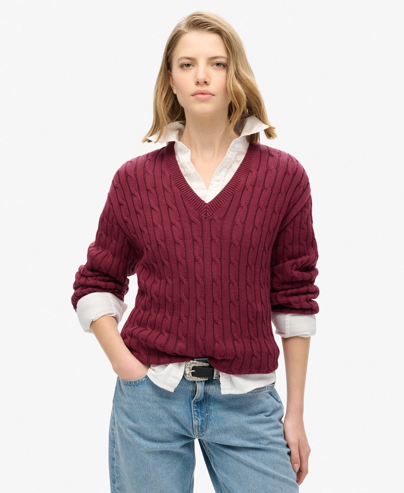 Dames Oversized kabeltrui met V hals Bordeaux Red Superdry BE NL