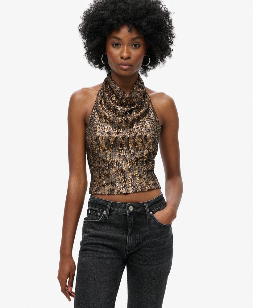 Womens Cowl Halter Neck Sequin Top in Brown Gold Sequin Superdry UK