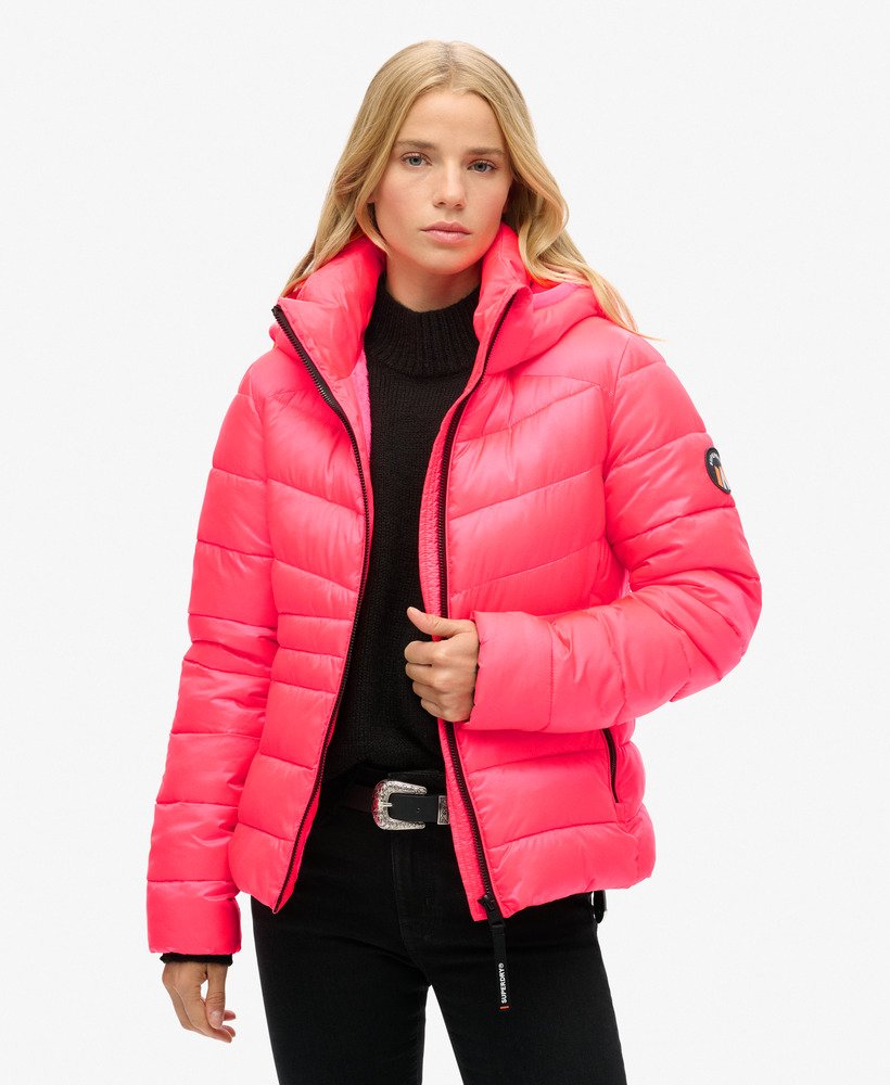 Womens Hooded Fuji Quilted Padded Jacket in Hyper Fire Pink Superdry UK