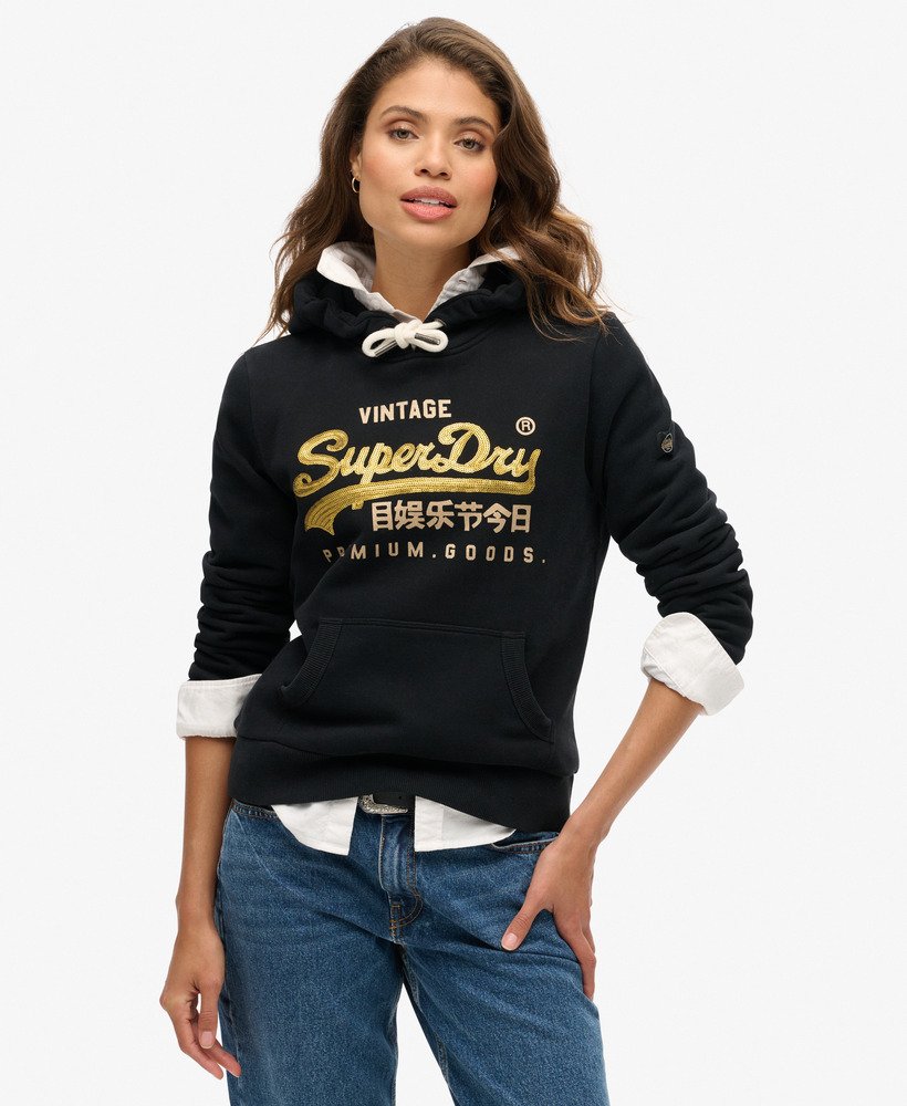 Womens Embellished Vintage Logo Graphic Hoodie in Jet Black Superdry UK