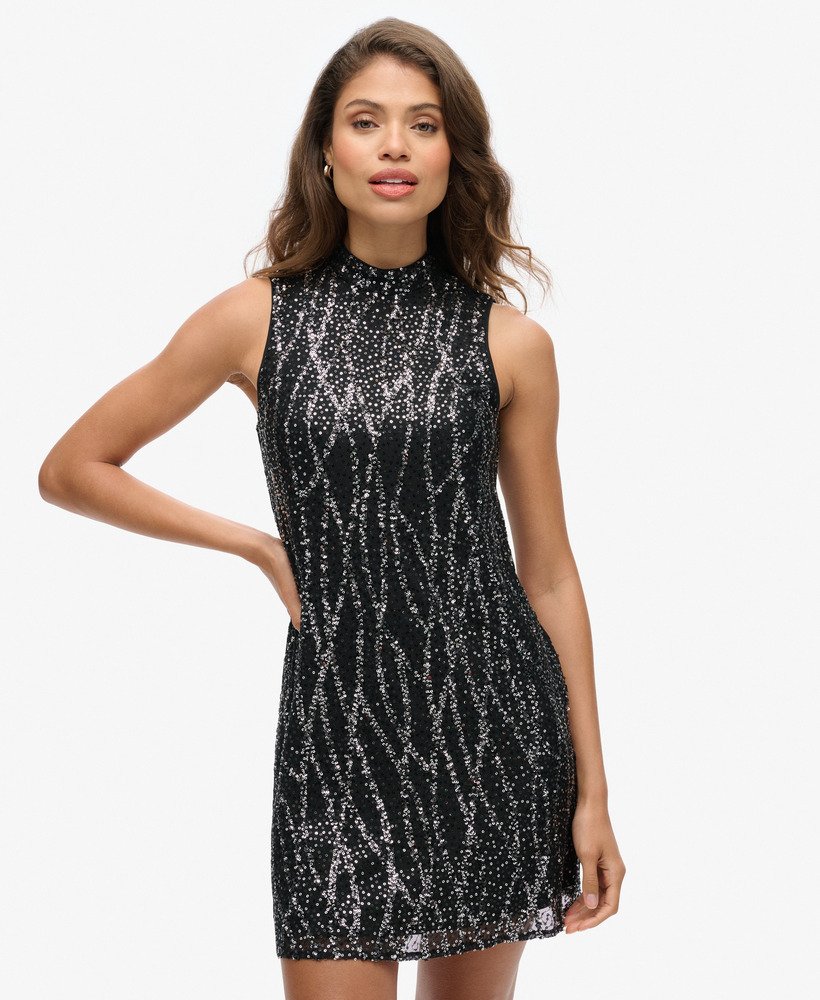 Women s Sleeveless Sequin A Line Mini Dress in Black Sequin Superdry CA EN