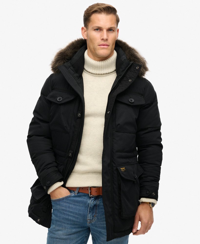 Men s Chinook Faux Fur Parka Coat in Noir Superdry CA EN