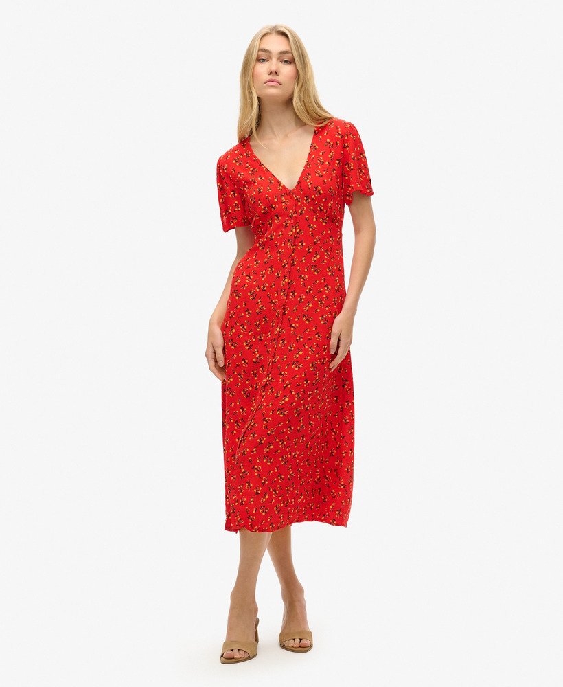 Womens Printed Button up Short Sleeve Midi Tea Dress in Rosy Ditsy Red Superdry UK