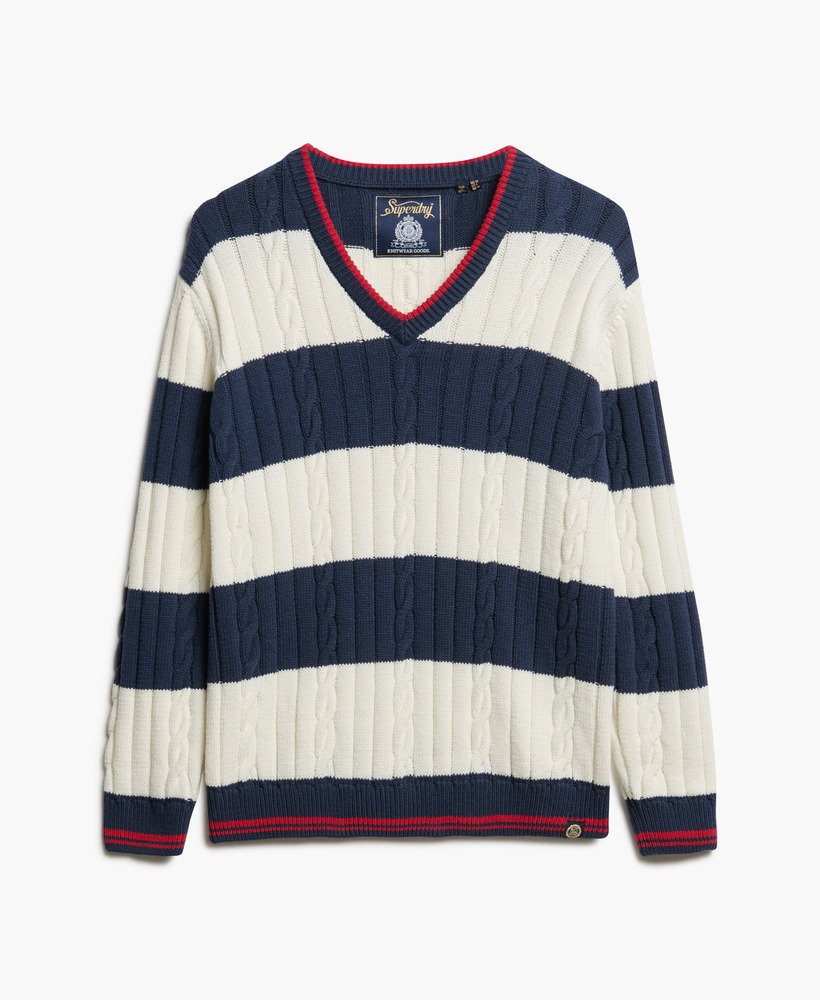 Womens - Stripe Oversized Cable V Neck Jumper in Richest Navy Stripe ...