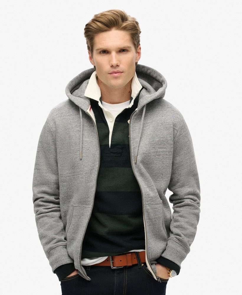 Hombre Sudadera con capucha cremallera y logo Essential en Jaspeado Moteado Gris Oscuro Superdry ES