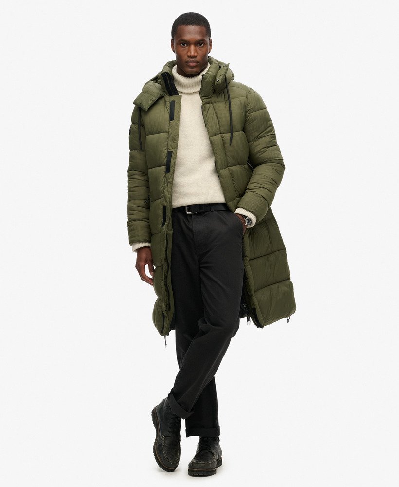 Men s Ripstop Longline Puffer Coat in Dark Moss Green Grid Superdry CA EN