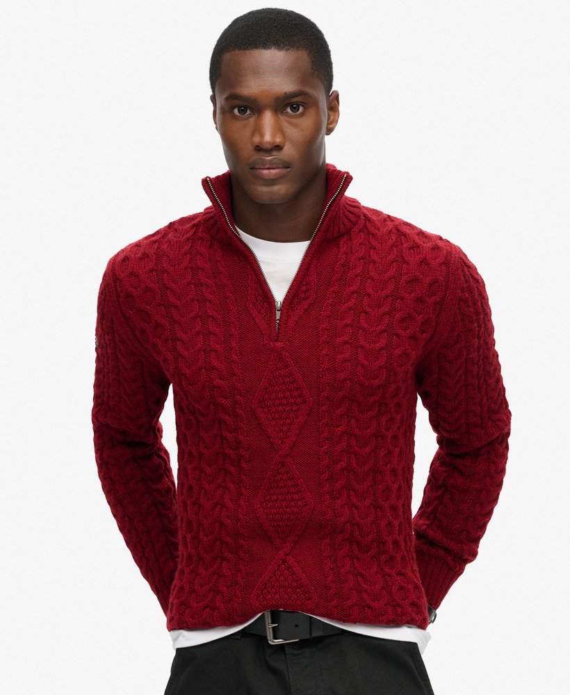 Mens Vintage Jacob Cable Knit Half Zip Jumper in Deep Burgundy Superdry UK