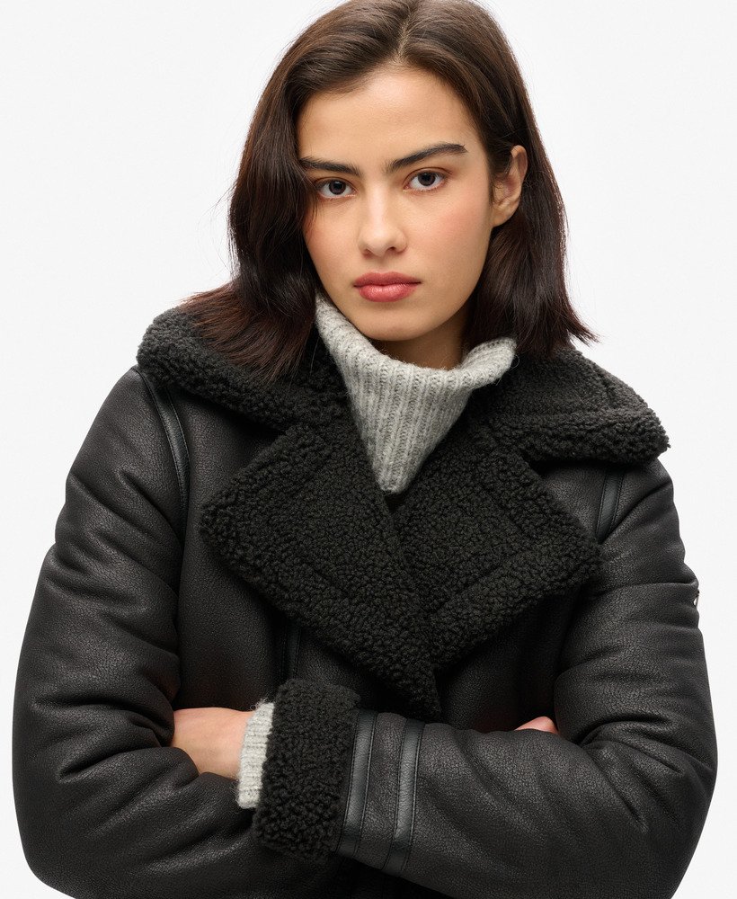 Womens - Faux Shearling Longline Aviator Coat in Black | Superdry UK