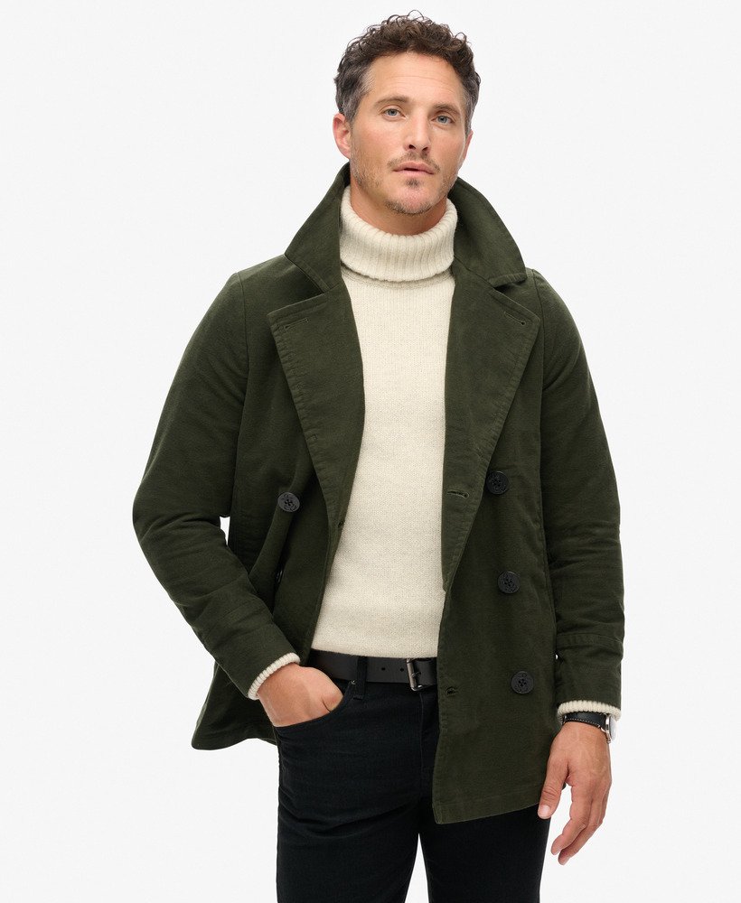 Men s The Merchant Store Moleskin Pea Coat in Surplus Goods Olive Superdry UK