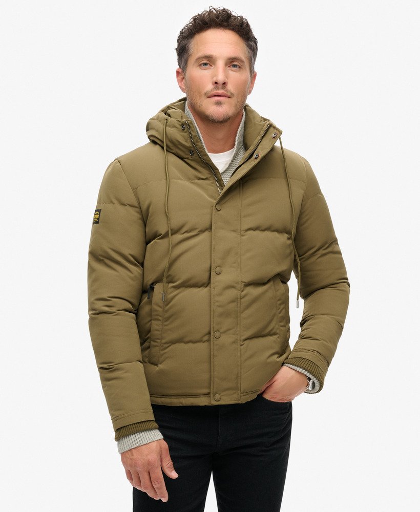 Khaki hooded puffer jacket best sale