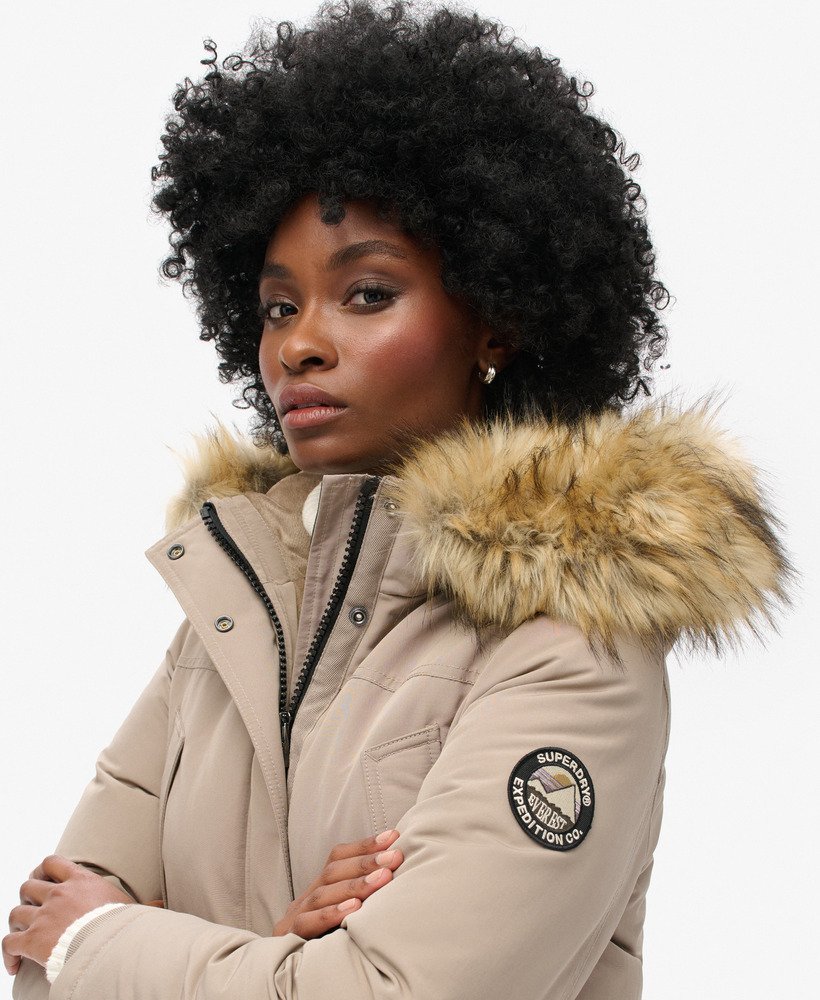 Womens Everest Faux Fur Parka Coat in Deep Beige Slub Superdry UK