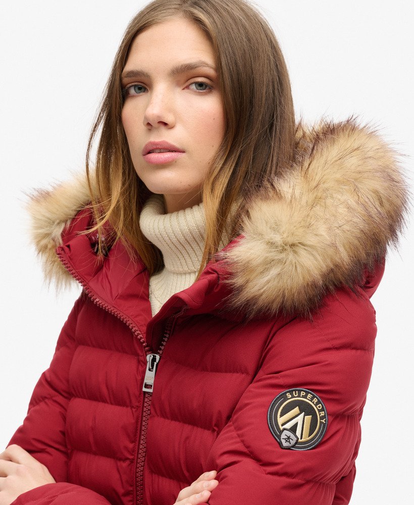 Womens Fuji Faux Fur Hooded Padded Jacket in Stanton Red Superdry UK