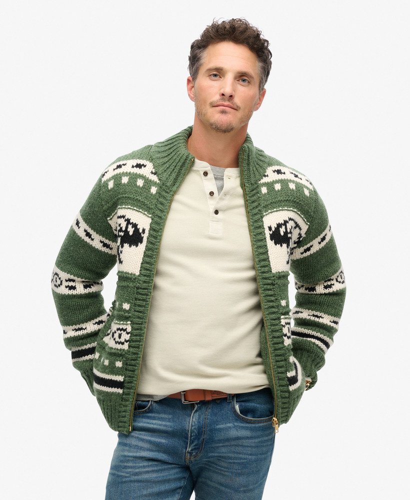 Men s Chunky Knit Patterned Zip Through Cardigan in Buffalo Green Superdry CA EN