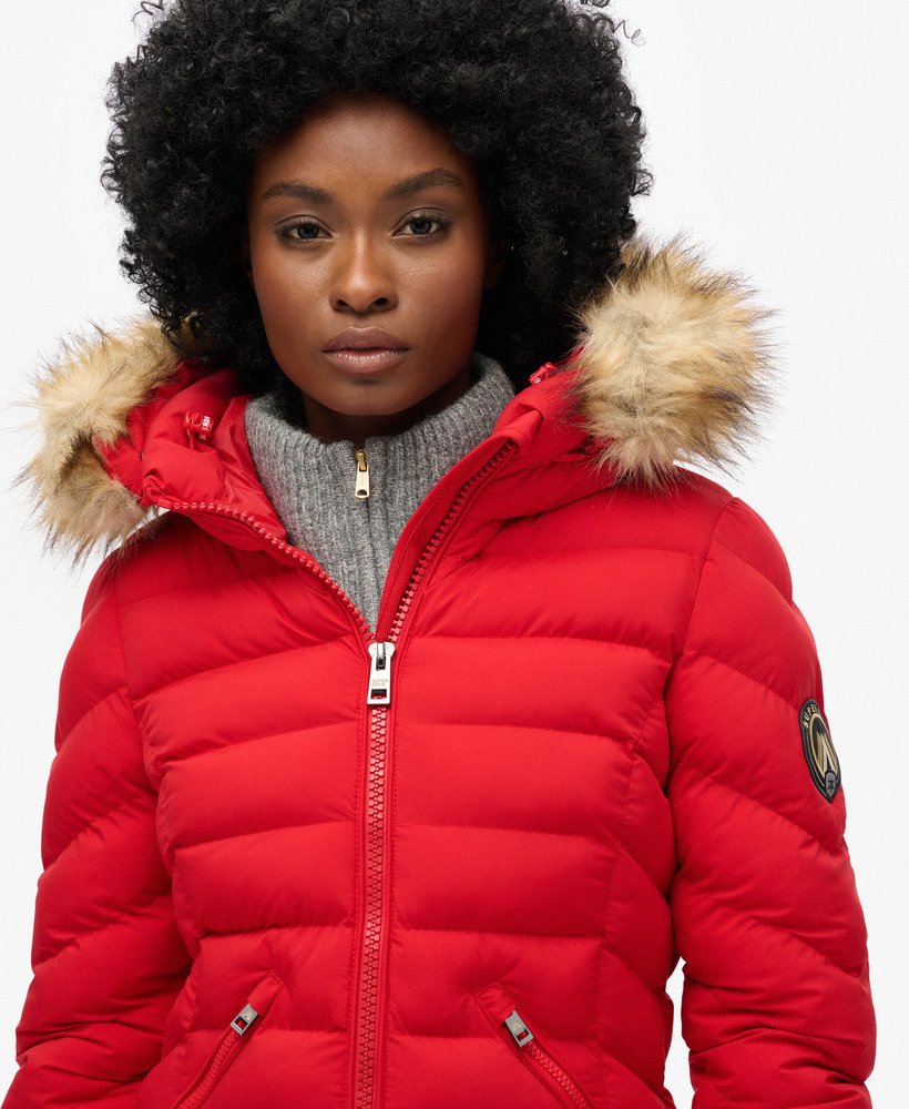 Womens Fuji Faux Fur Hood Mid Length Puffer Coat in Red Superdry UK