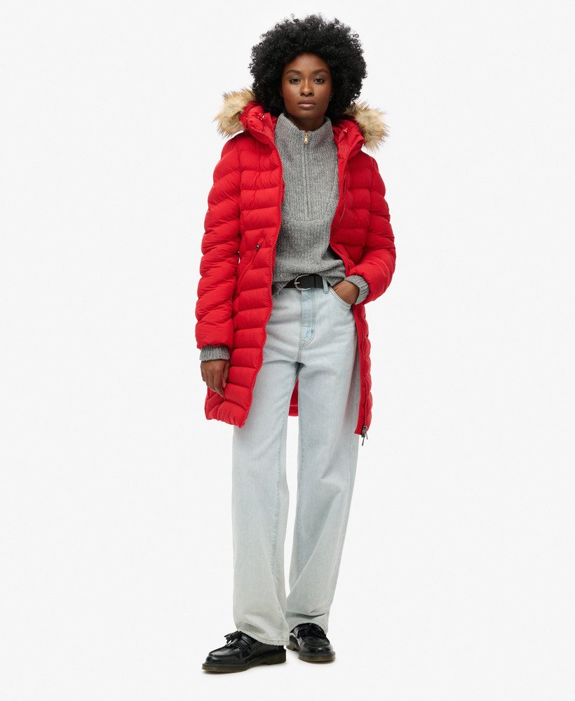 Women s Fuji Faux Fur Hood Mid Length Puffer Coat in Red Superdry CA EN