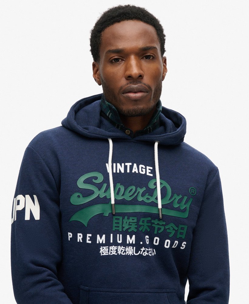 Mens Organic Cotton Vintage Logo Hoodie in Midnight Blue Grit Superdry UK