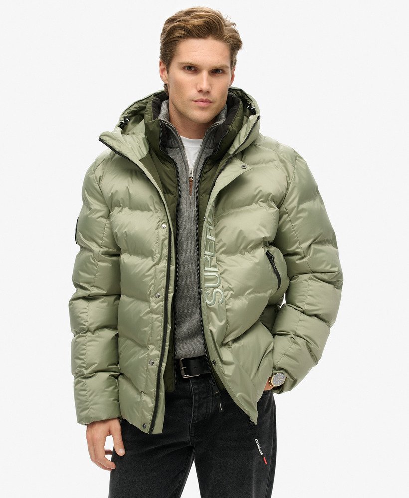 Men s Hooded City Graphic Puffer Jacket in Seagrass Green Superdry UK