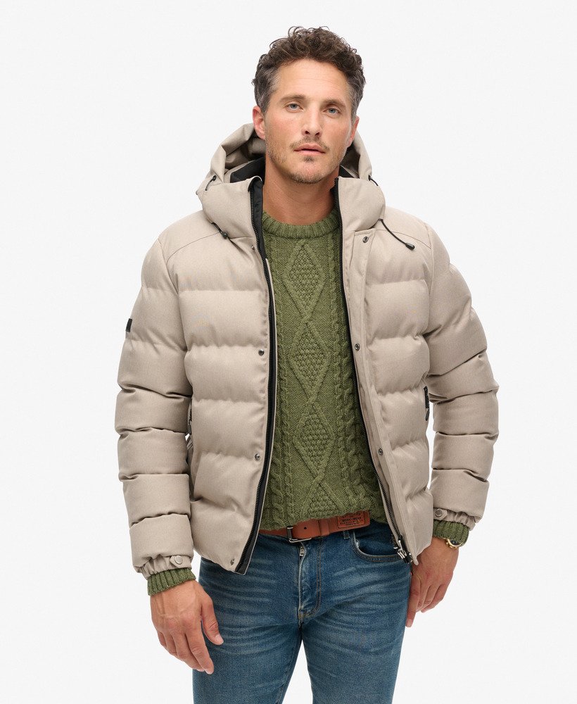 Men s Hooded Tweed Sports Puffer Jacket in Beige Marl Superdry UK