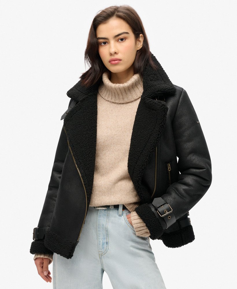 Femme Veste aviateur en peau de mouton synthetique Noir Superdry FR