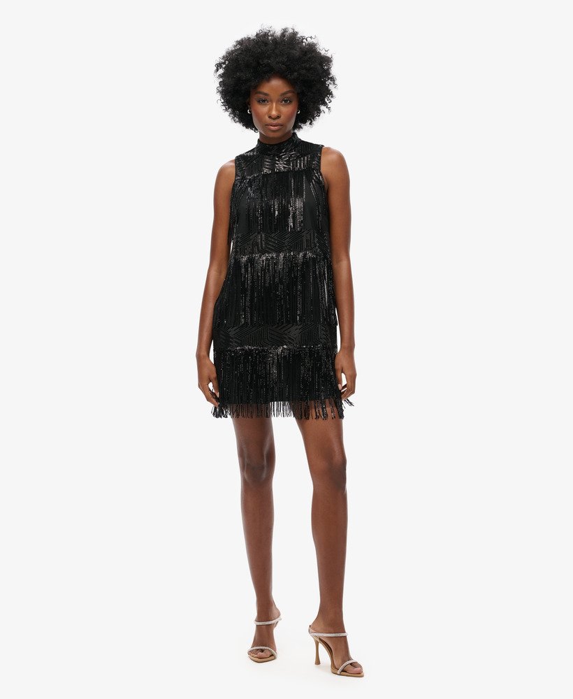 Women s Fringe Sequin A Line Mini Dress in Long Fringe Black Sequin Superdry CA EN