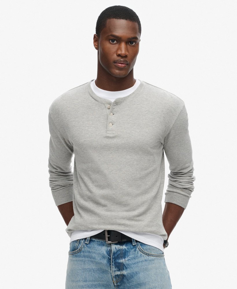 Men s Organic Cotton Long Sleeve Waffle Henley Top in Grey Marl Superdry UK