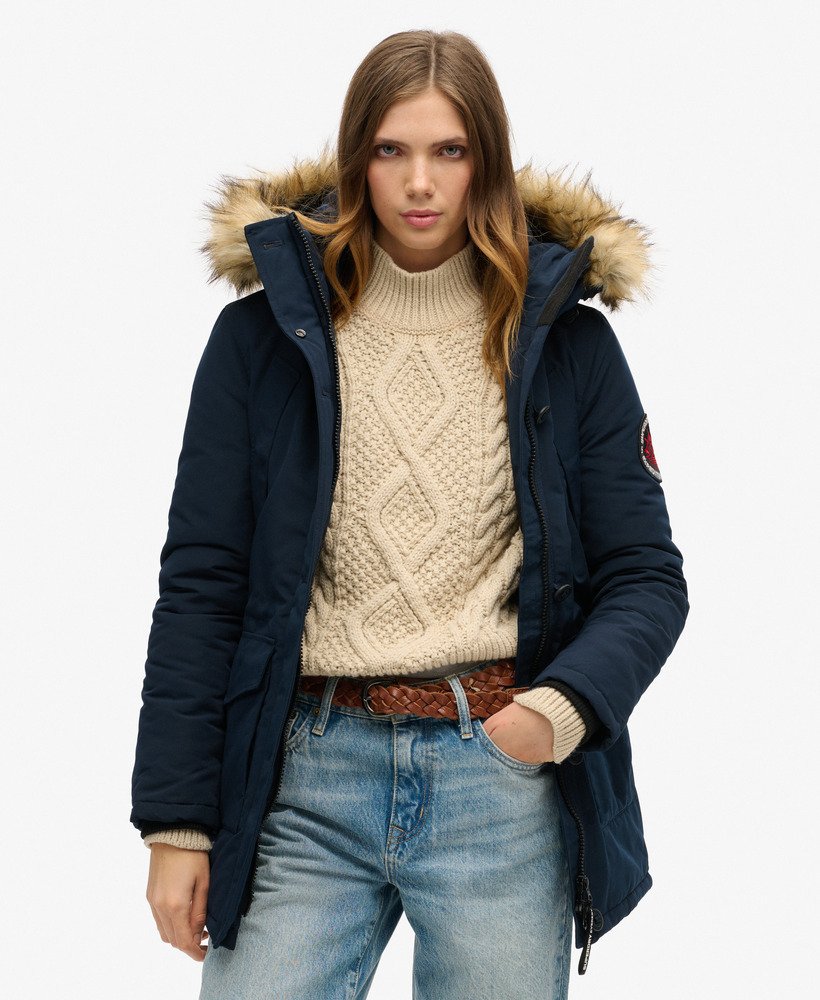 Blue jacket with fur best sale