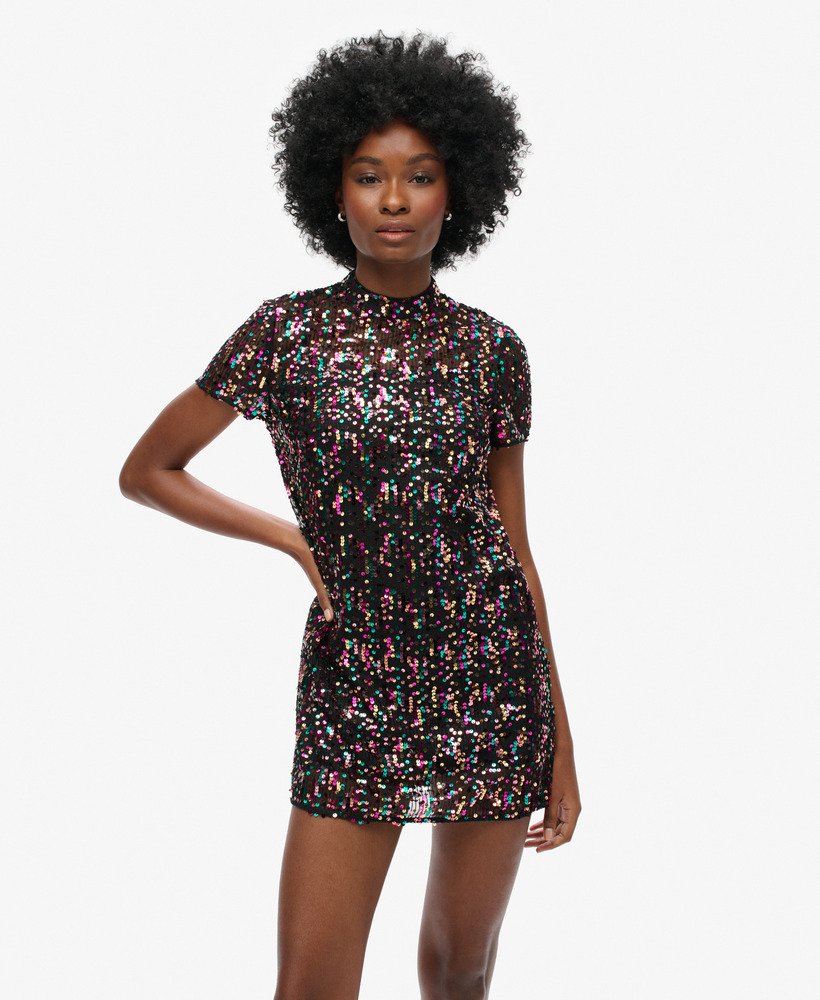 Women s High Neck Sequin T Shirt Dress in Multi Col Sequin Superdry CA EN