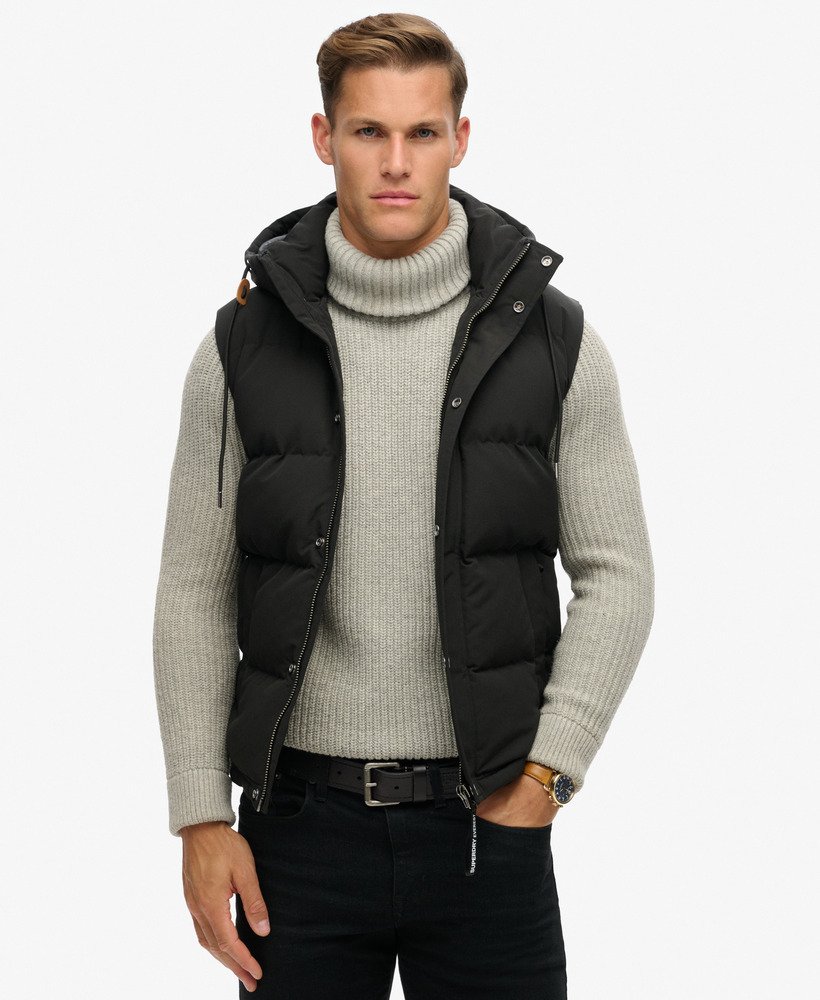 Men s Everest Hooded Puffer Gilet in Jet Black Superdry UK