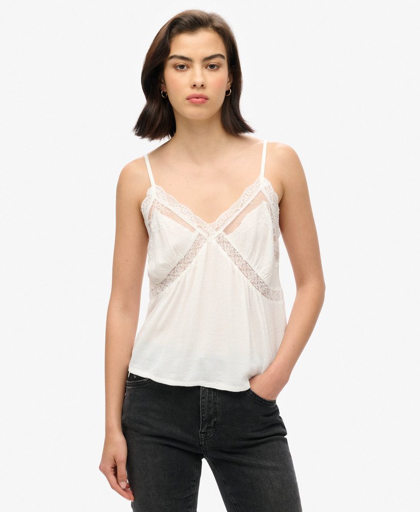 Womens Ibiza Sheer Lace Cami Top in Off White Superdry UK