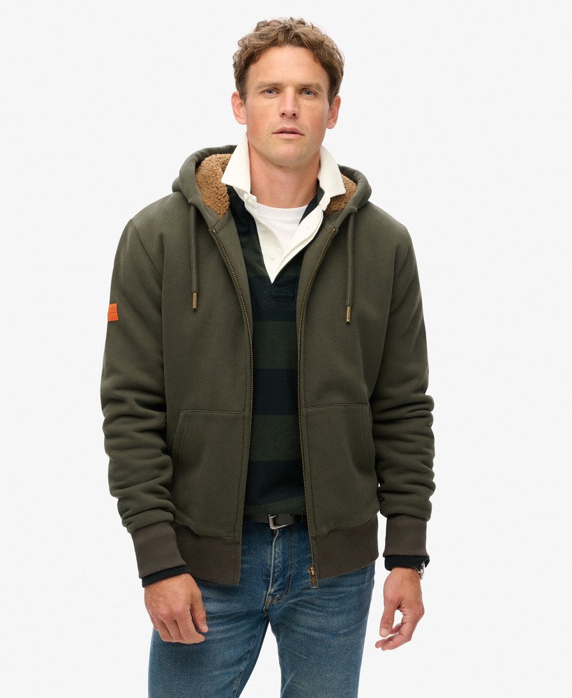 Mens Borg Lined Zip Hoodie in Dark Grey Green Superdry UK