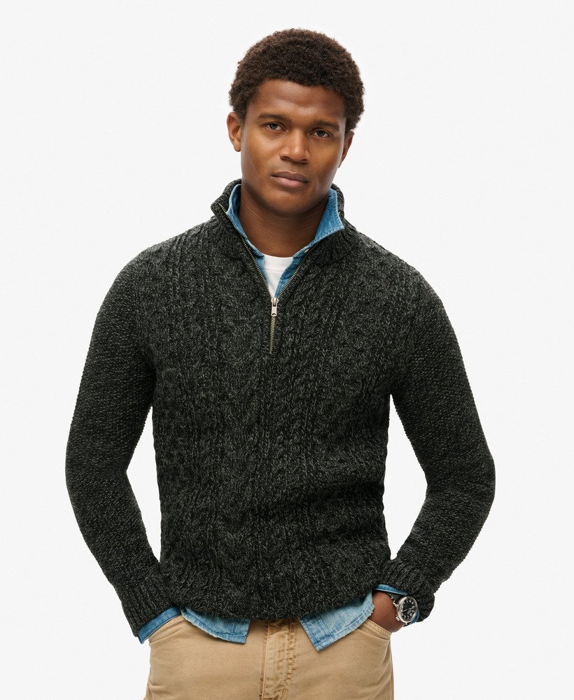 Mens Jacob Cable Knit Half Zip Jumper in Black Twist Superdry UK