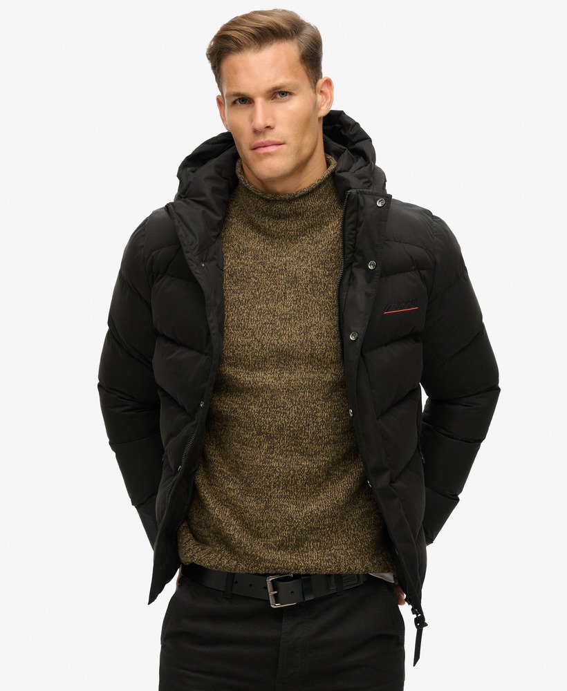 Men s Hooded Microfibre Sports Puffer Jacket in Black Superdry UK