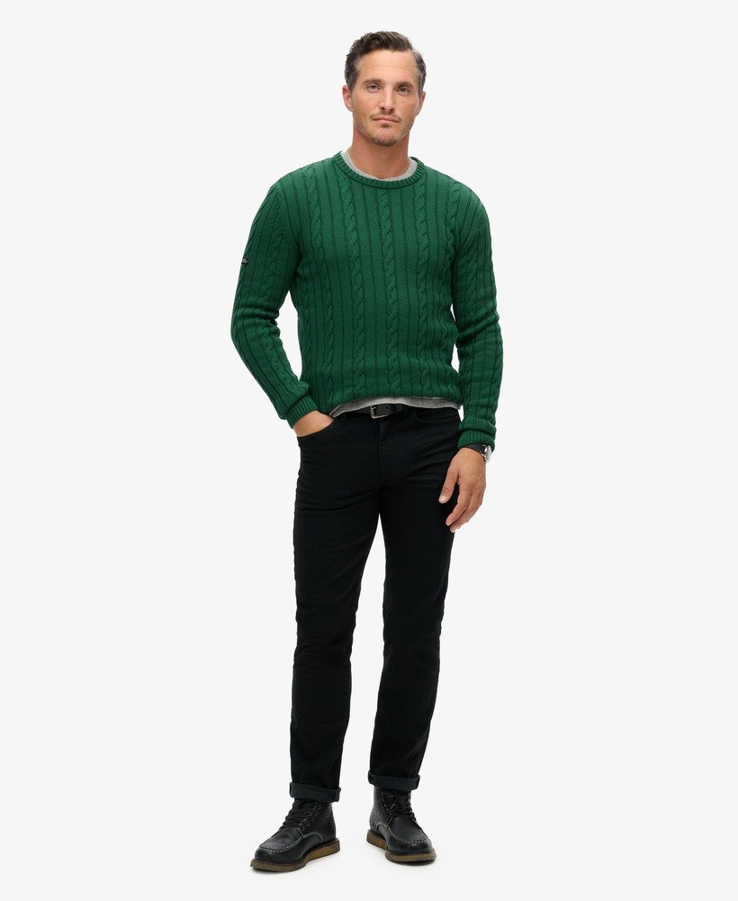 Mens - Cotton Classic Cable Knit Crew Jumper in Forest Green | Superdry UK