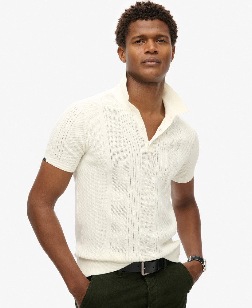 Mens Short Sleeve Knitted Polo Shirt in Off White Superdry UK