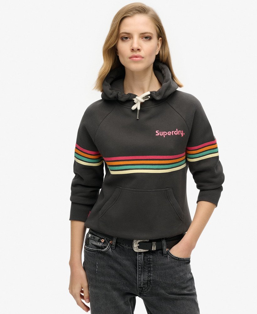 Womens Rainbow Stripe Logo Hoodie in Washed Black Superdry UK