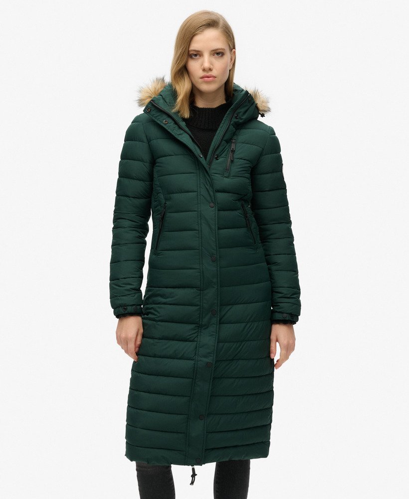 Womens Faux Fur Hooded Longline Light Padded Puffer Coat in Enamel Green Superdry UK