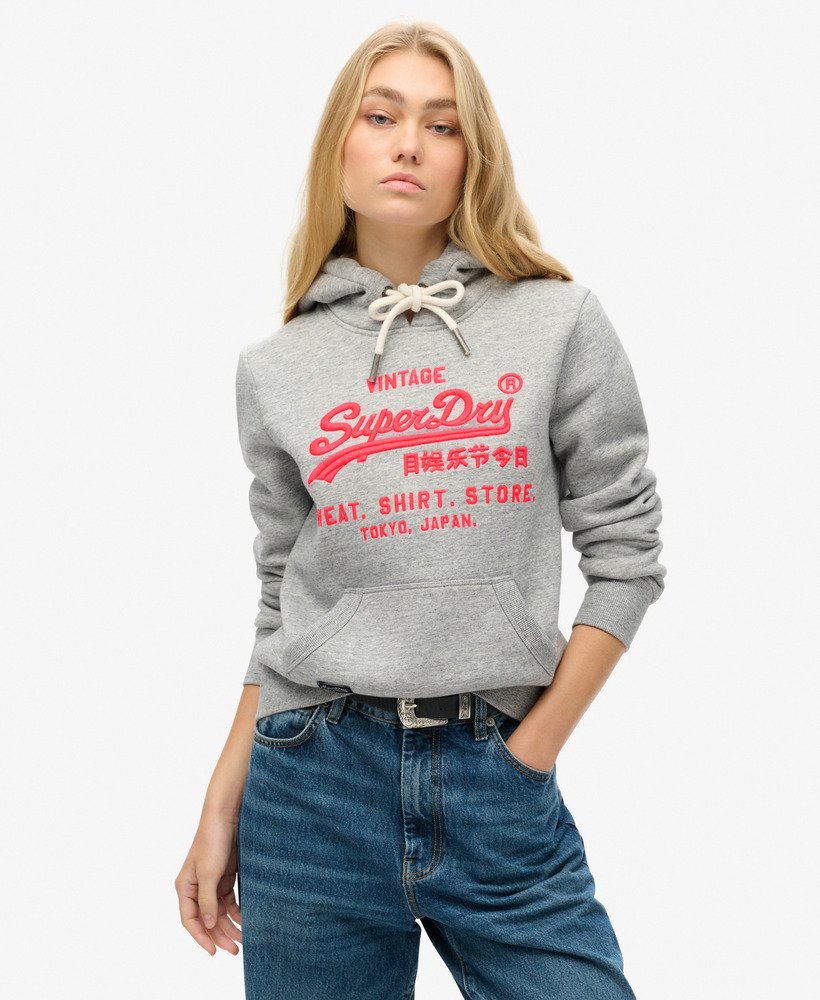 Femme Sweat a capuche avec logo vintage fluo Gris Athletique Chine Superdry BE FR