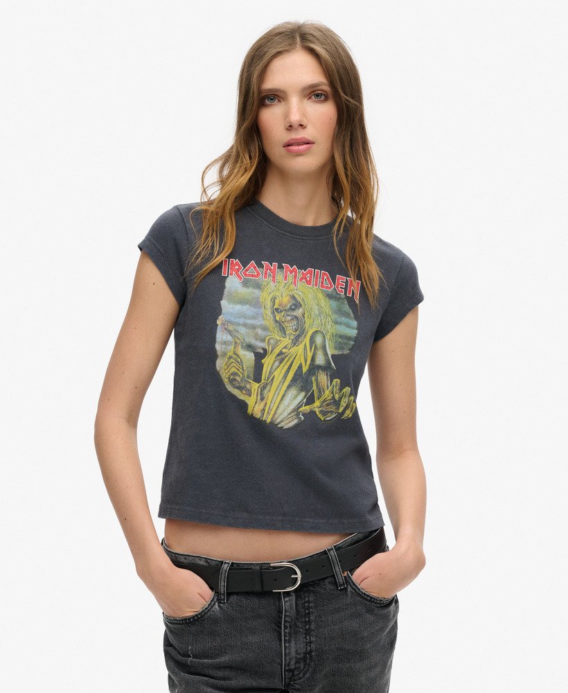 Women s Iron Maiden x Superdry Cap Sleeve Band T Shirt in Mid Merch Black Superdry CA EN