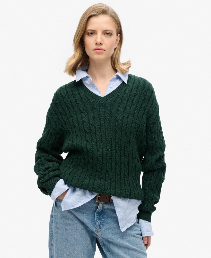 Dames Oversized kabeltrui met V hals Darkest Pine Green Superdry BE NL