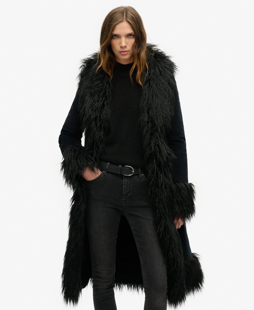 Black fur longline coat hotsell