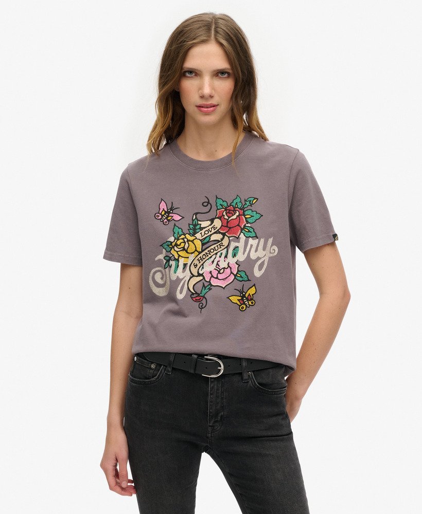 Dames Tattoo T shirt met tekst en grafische print Rock Grey Superdry BE NL