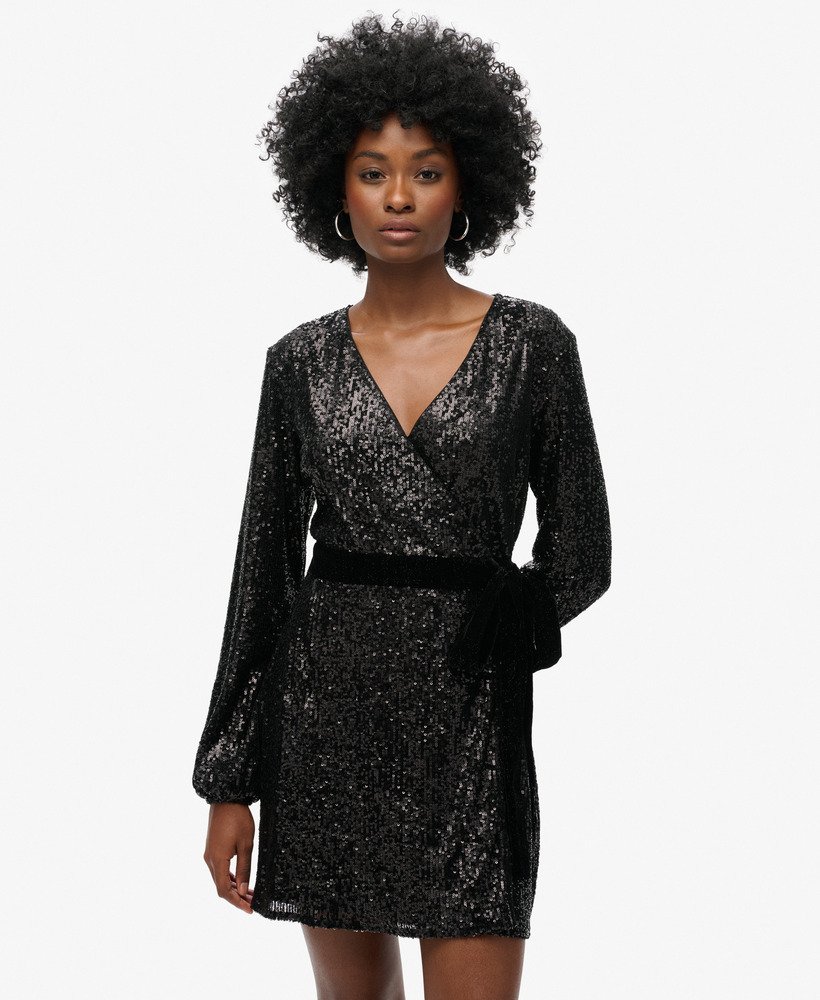 Women s Sequin Velvet Wrap Mini Dress in Black Sequin Superdry CA EN