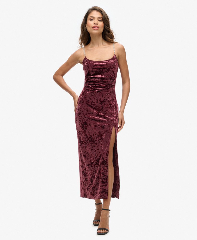 Womens Diamonte Velvet Maxi Dress in Maroon Crush Superdry UK