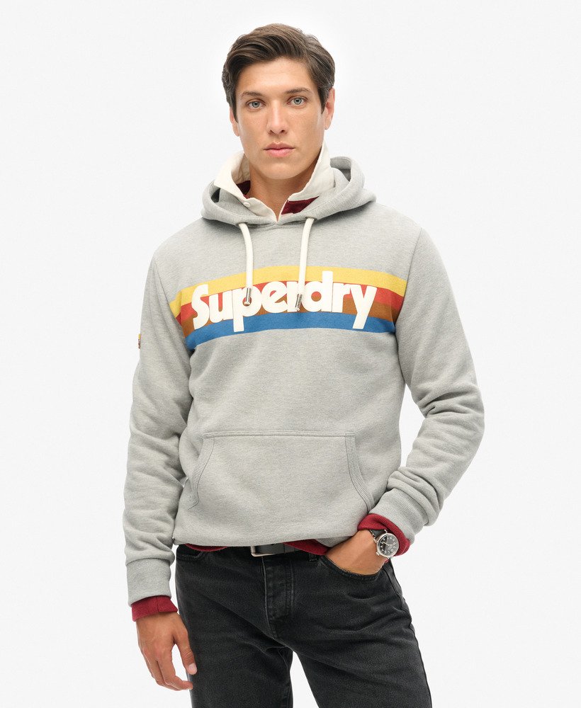 Mens Retro Stripe Logo Hoodie in Grey Marl Superdry UK