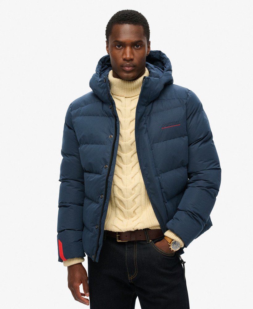 Mens blue puffer jacket with hood best sale