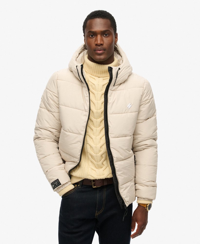 Beige hooded puffer jacket on sale