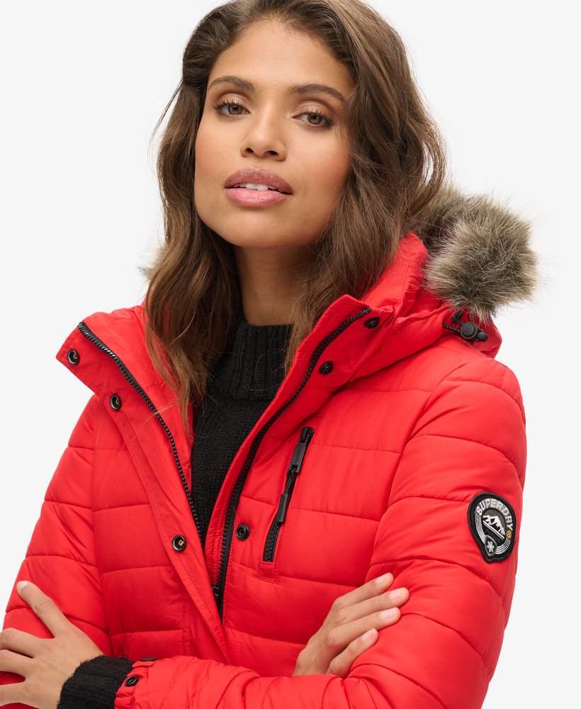 Ladies red puffer jacket with fur hood on sale